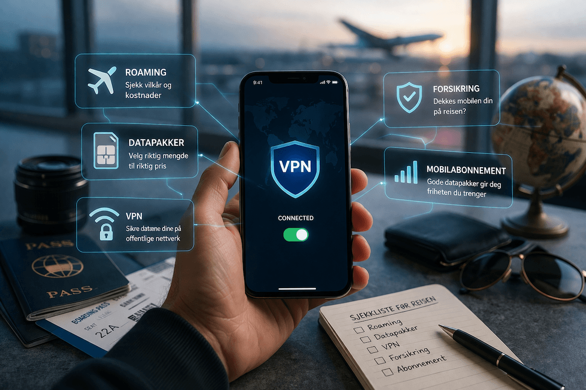 AI-generert bilde av person som holder mobil i hånden og skal på reise